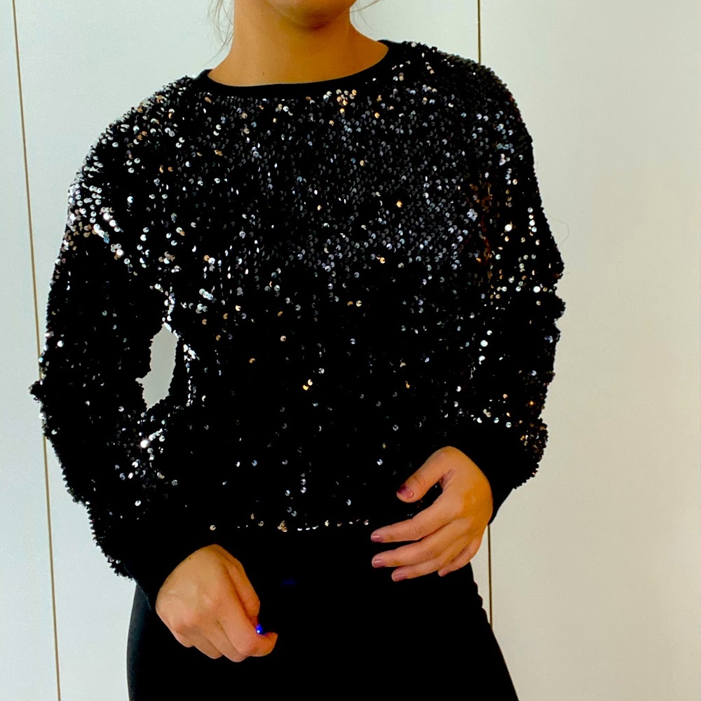 Sequin crew neck bomber sweater